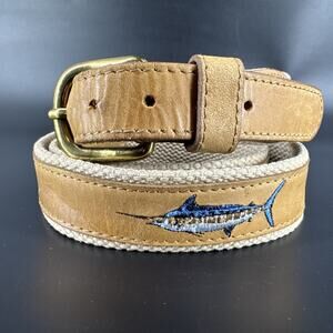 Guy Harvey Off White/Beige Canvas/Leather Swordfish Motif Belt Size 40